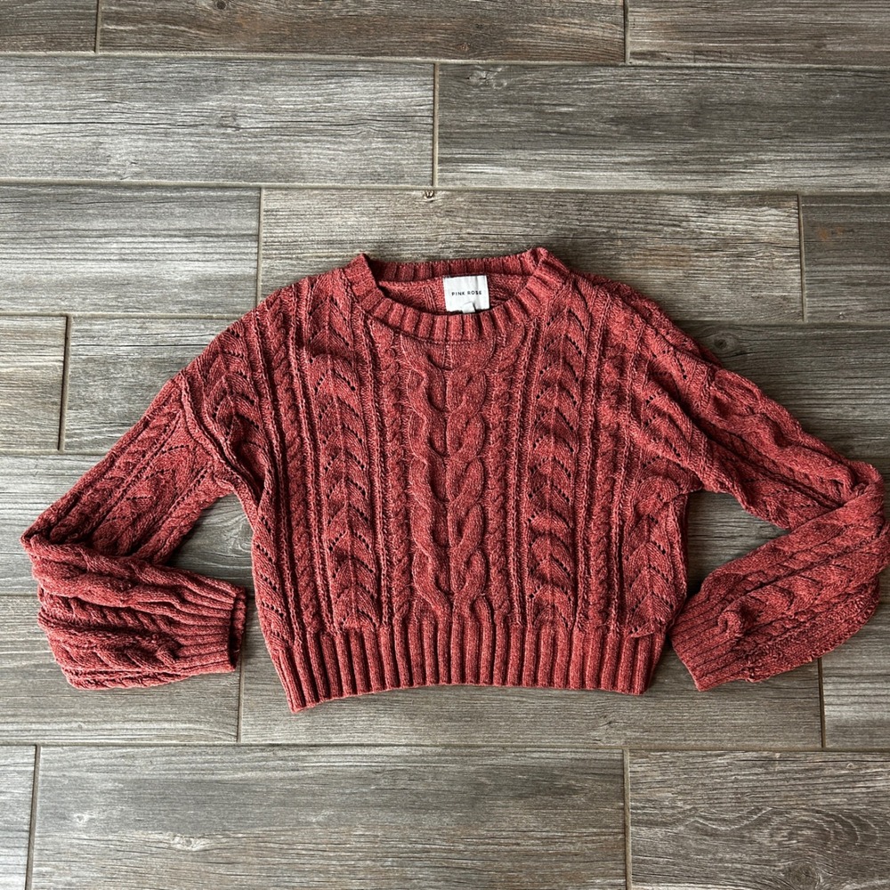 Cable Knit Cropped Sweater Women's Size M Rose Mauve Pink Chenille Long Sleeve